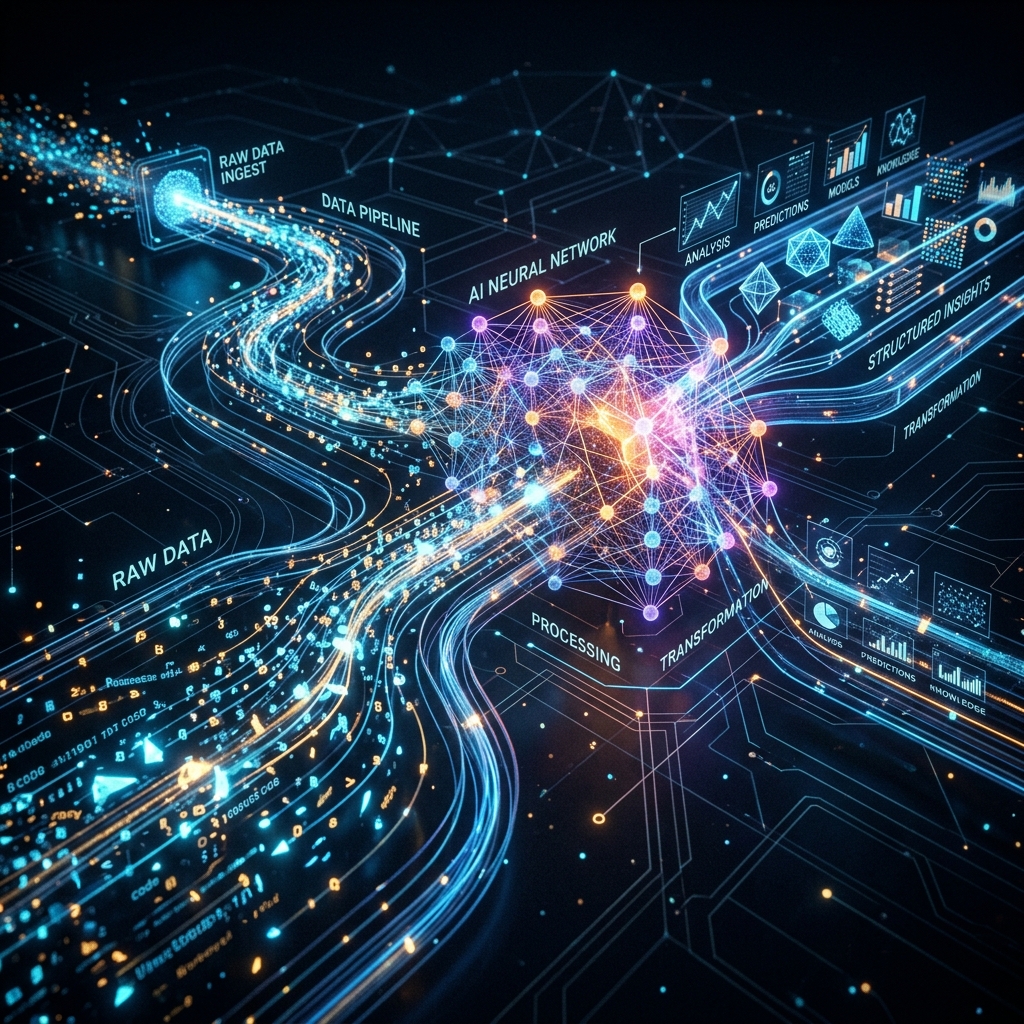 Premium editorial visualization of an automated data pipeline showing raw data being transformed and loaded.