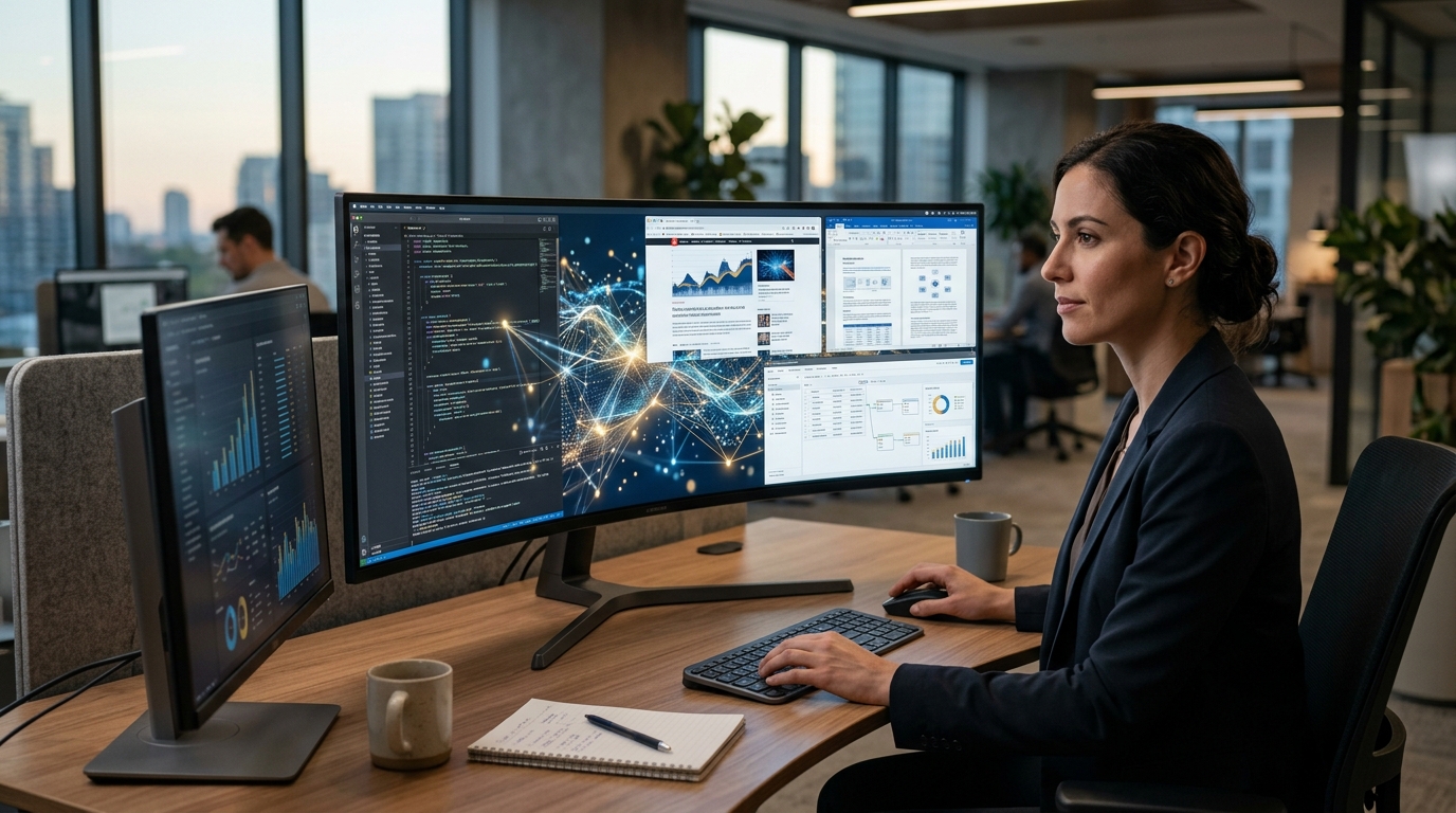 A professional working at a modern workstation while an advanced AI system operates across multiple digital environments.