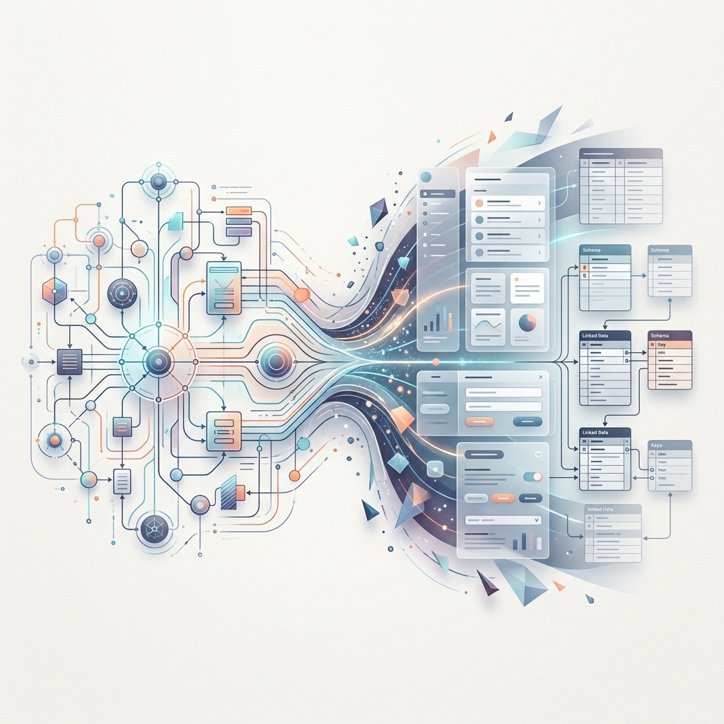 Premium editorial visual illustrating raw data and messy notes being algorithmically transformed into a highly structured, professional case study.