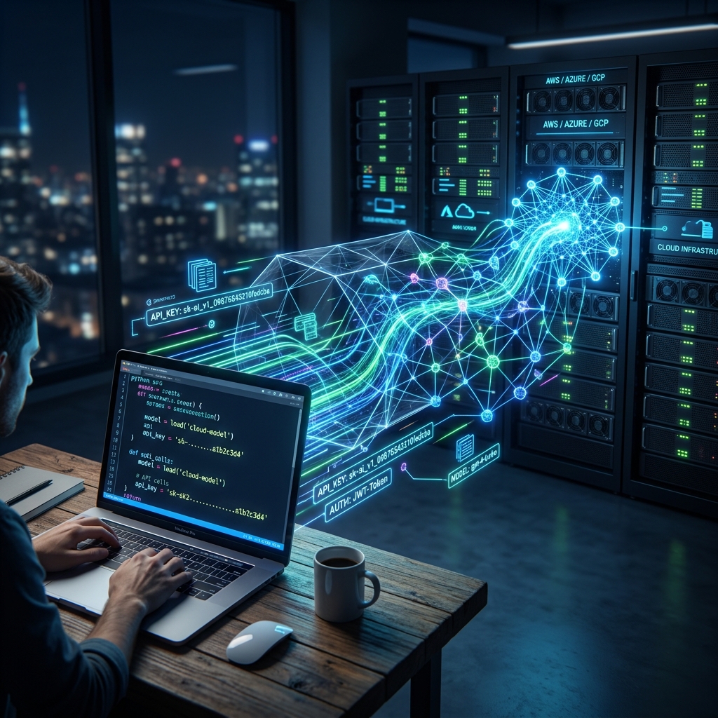 Premium editorial visualization showing two complementary AI nodes merging to create a unified, powerful technological workflow.