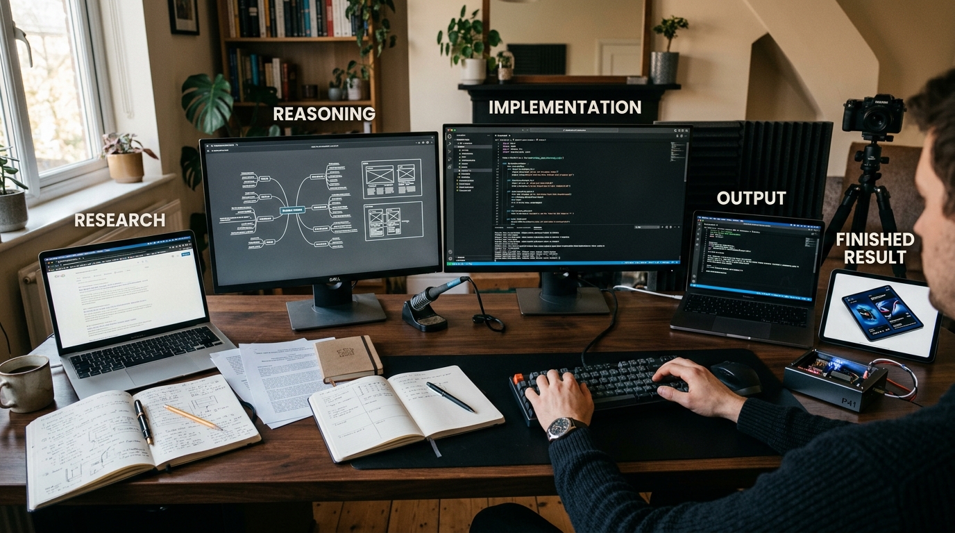 Premium visualization showing a creator adding human editorial value—scripting, timeline editing, and audio mixing—to raw AI media.